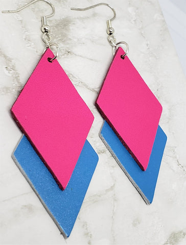 Hot Pink and Electric Blue Layered Diamond REAL Leather Earrings