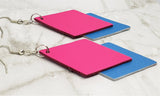 Hot Pink and Electric Blue Layered Diamond REAL Leather Earrings