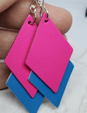 Hot Pink and Electric Blue Layered Diamond REAL Leather Earrings
