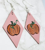Hand Painted Pumpkin on Dusty Pink Real Leather Diamond Shaped Earrings