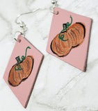 Hand Painted Pumpkin on Dusty Pink Real Leather Diamond Shaped Earrings