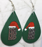 Hand Painted Santa Hat with Metal HoHoHo Embellishment on Green Real Leather Teardrop Shaped Earrings