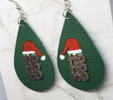 Hand Painted Santa Hat with Metal HoHoHo Embellishment on Green Real Leather Teardrop Shaped Earrings