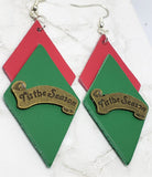 Red and Green Layered Diamond REAL Leather Earrings with Tis The Season Embellishment
