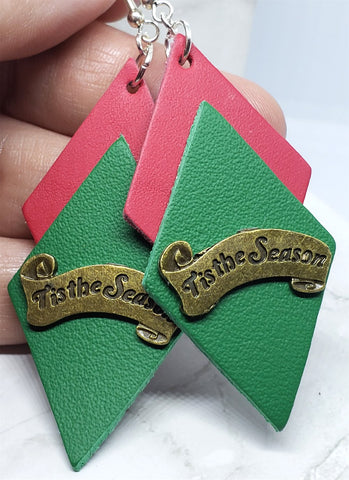 Red and Green Layered Diamond REAL Leather Earrings with Tis The Season Embellishment