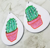 Hand Painted Cactus on White Real Leather Teardrop Shaped Earrings