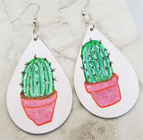Hand Painted Cactus on White Real Leather Teardrop Shaped Earrings