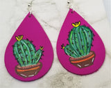 Hand Painted Cactus on Fuchsia Real Leather Teardrop Shaped Earrings