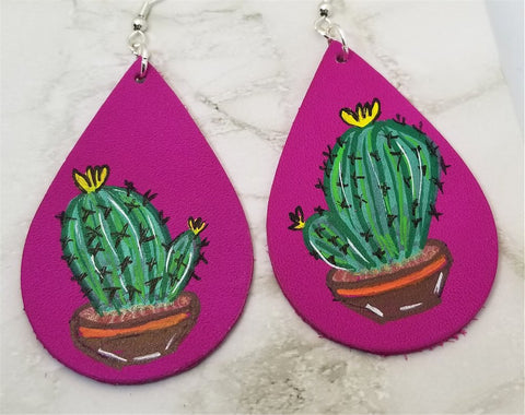 Hand Painted Cactus on Fuchsia Real Leather Teardrop Shaped Earrings
