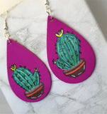 Hand Painted Cactus on Fuchsia Real Leather Teardrop Shaped Earrings