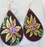 Hand Painted Poinsettia on Brownish Red Real Leather Teardrop Shaped Earrings