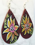 Hand Painted Poinsettia on Brownish Red Real Leather Teardrop Shaped Earrings