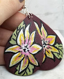 Hand Painted Poinsettia on Brownish Red Real Leather Teardrop Shaped Earrings