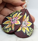 Hand Painted Poinsettia on Brownish Red Real Leather Teardrop Shaped Earrings