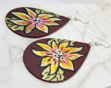 Hand Painted Poinsettia on Brownish Red Real Leather Teardrop Shaped Earrings
