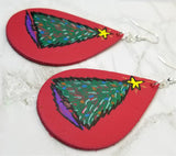 Hand Painted Christmas Tree on Red Real Leather Teardrop Shaped Earrings