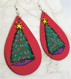 Hand Painted Christmas Tree on Red Real Leather Teardrop Shaped Earrings