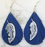 Hand Painted Feather on Fringed Real Leather Blue Teardrop Shaped Earrings