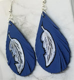 Hand Painted Feather on Fringed Real Leather Blue Teardrop Shaped Earrings