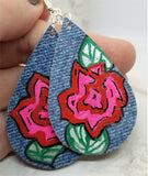 Hand Painted Rose on Denim Real Leather Teardrop Earrings