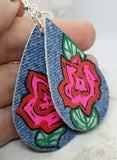 Hand Painted Rose on Denim Real Leather Teardrop Earrings