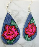 Hand Painted Rose on Denim Real Leather Teardrop Earrings