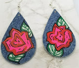 Hand Painted Rose on Denim Real Leather Teardrop Earrings