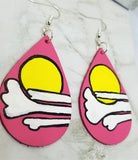 Salmon Colored Teardrop Real Leather Earrings with Hand Painted Sun and Clouds OOAK