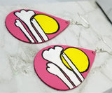 Salmon Colored Teardrop Real Leather Earrings with Hand Painted Sun and Clouds OOAK