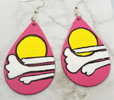 Salmon Colored Teardrop Real Leather Earrings with Hand Painted Sun and Clouds OOAK