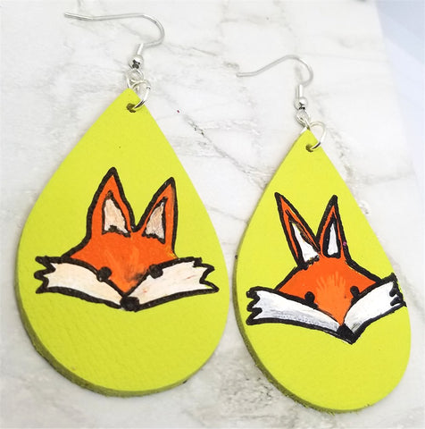 Hand Painted Fox on Lime Green Real Leather Teardrop Shaped Earrings