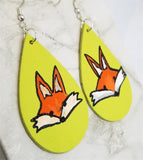 Hand Painted Fox on Lime Green Real Leather Teardrop Shaped Earrings