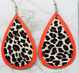 Red Tear Drop Shaped Real Leather Earrings with Leopard Print Faux Leather Overlay
