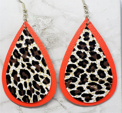 Red Tear Drop Shaped Real Leather Earrings with Leopard Print Faux Leather Overlay