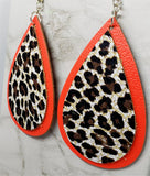Red Tear Drop Shaped Real Leather Earrings with Leopard Print Faux Leather Overlay