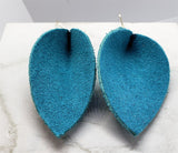 Teal Suede Leather Leaf Earrings with Surgical Steel Earwires