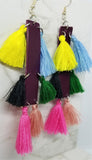 Purple Rectangular Strip Real Leather Earrings with Colorful String Tassels