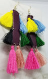 Purple Rectangular Strip Real Leather Earrings with Colorful String Tassels