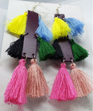 Purple Rectangular Strip Real Leather Earrings with Colorful String Tassels