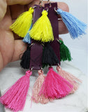 Purple Rectangular Strip Real Leather Earrings with Colorful String Tassels