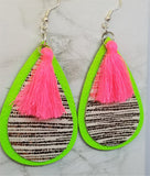 Neon Green Tear Drop Real Leather Earrings with Gold Striped Leather and Neon Pink Colored String Tassels