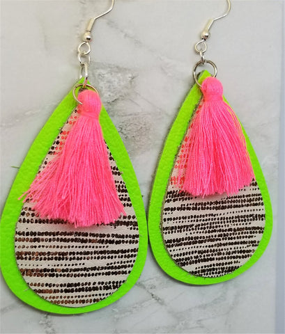 Neon Green Tear Drop Real Leather Earrings with Gold Striped Leather and Neon Pink Colored String Tassels