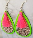 Neon Green Tear Drop Real Leather Earrings with Gold Striped Leather and Neon Pink Colored String Tassels