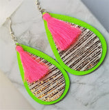 Neon Green Tear Drop Real Leather Earrings with Gold Striped Leather and Neon Pink Colored String Tassels