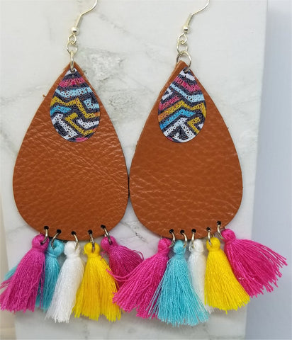 Brown Tear Drop Shaped Real Leather Earrings with String Tassels and Graffiti Style Metal Overlay