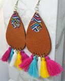 Brown Tear Drop Shaped Real Leather Earrings with String Tassels and Graffiti Style Metal Overlay