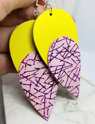 Yellow Tear Drop Shaped Real Leather Earrings with a Fuchsia Lined Sparkle Real Leather Teardrop Overlay