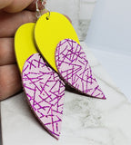 Yellow Tear Drop Shaped Real Leather Earrings with a Fuchsia Lined Sparkle Real Leather Teardrop Overlay