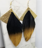 Metallic Gold Fan Shaped Leather Earrings with Black and Gold Feathers