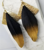 Metallic Gold Fan Shaped Leather Earrings with Black and Gold Feathers